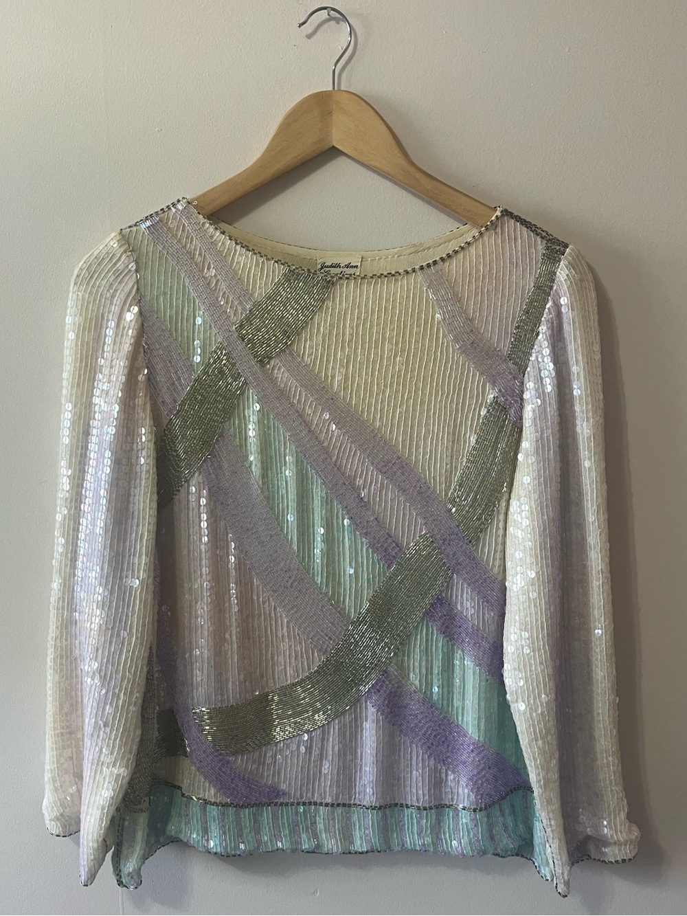 Vintage Beaded Geometric Sequin Blouse in Cream with Pastel Accents